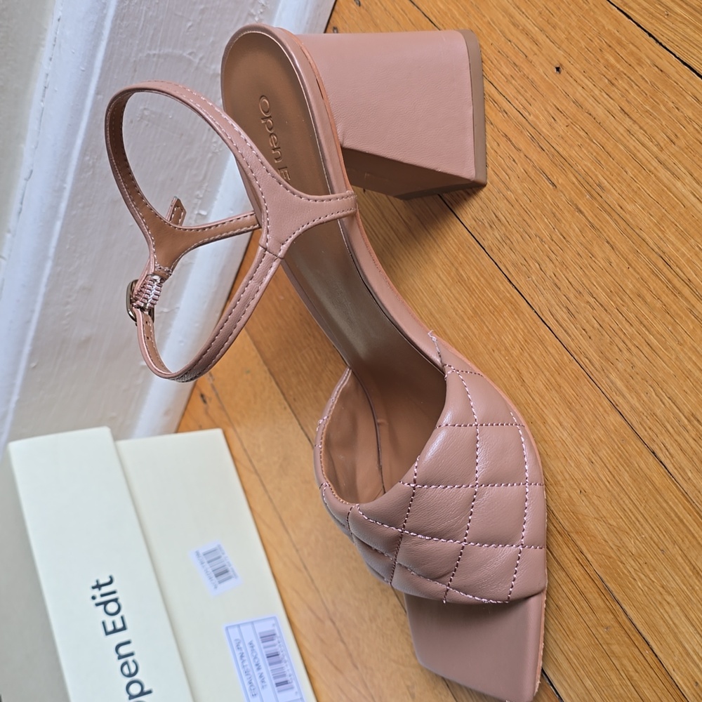 Open Edit, Quilted Square Toe Block Heel Sandals, Tan Mocha, EUC, Women's 8M - Picture 10 of 15